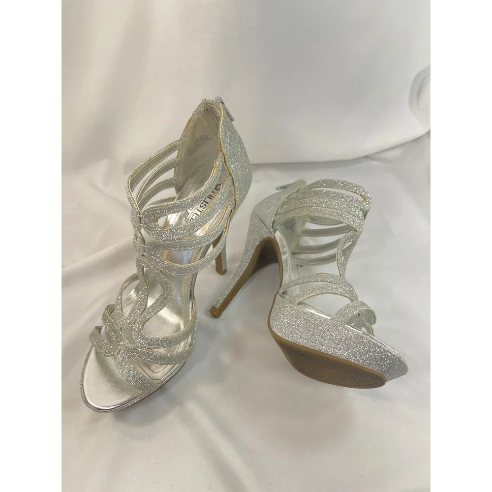 Kenneth Cole Women 7.5 Unlisted Glitter Silver Prom Shoe Heeled Platform Sandals